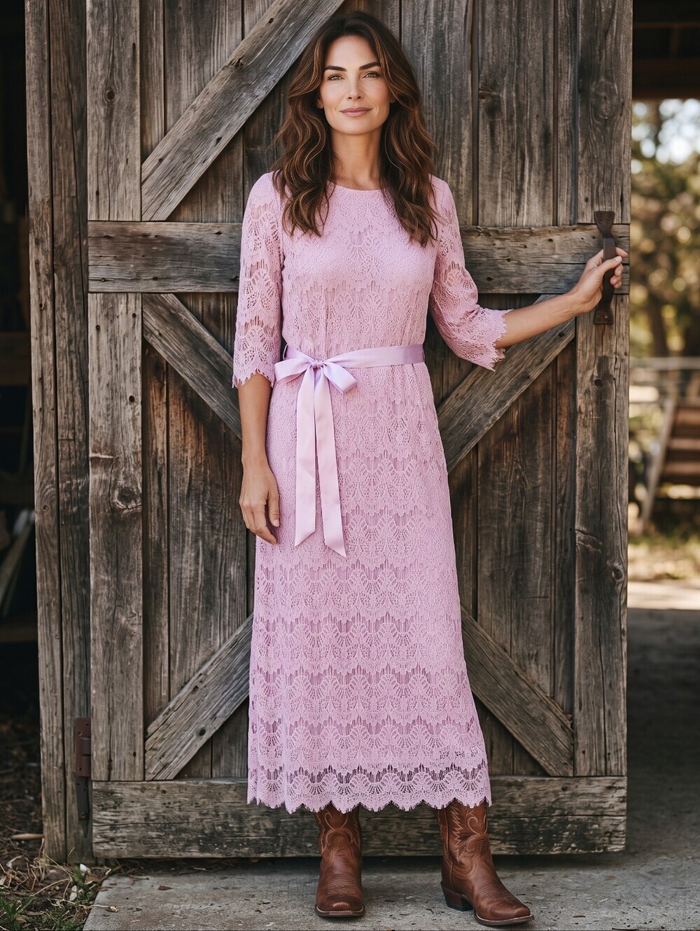 Dainty Jewells Pink Lace Maxi Dress with Satin Waist Tie